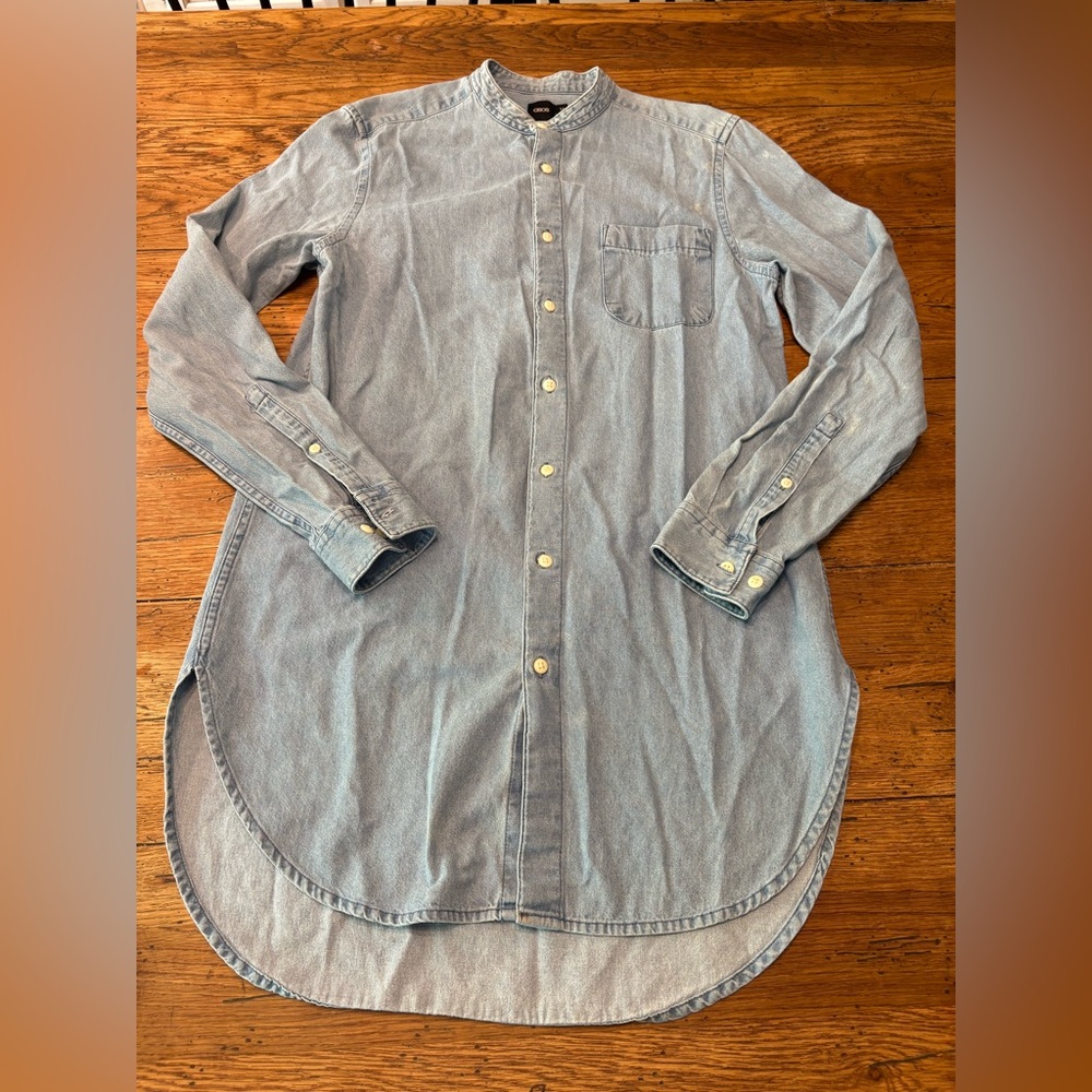 Light Blue Casual Boho Button Down Denim Dress w/High Low Hem Mandarin Collar